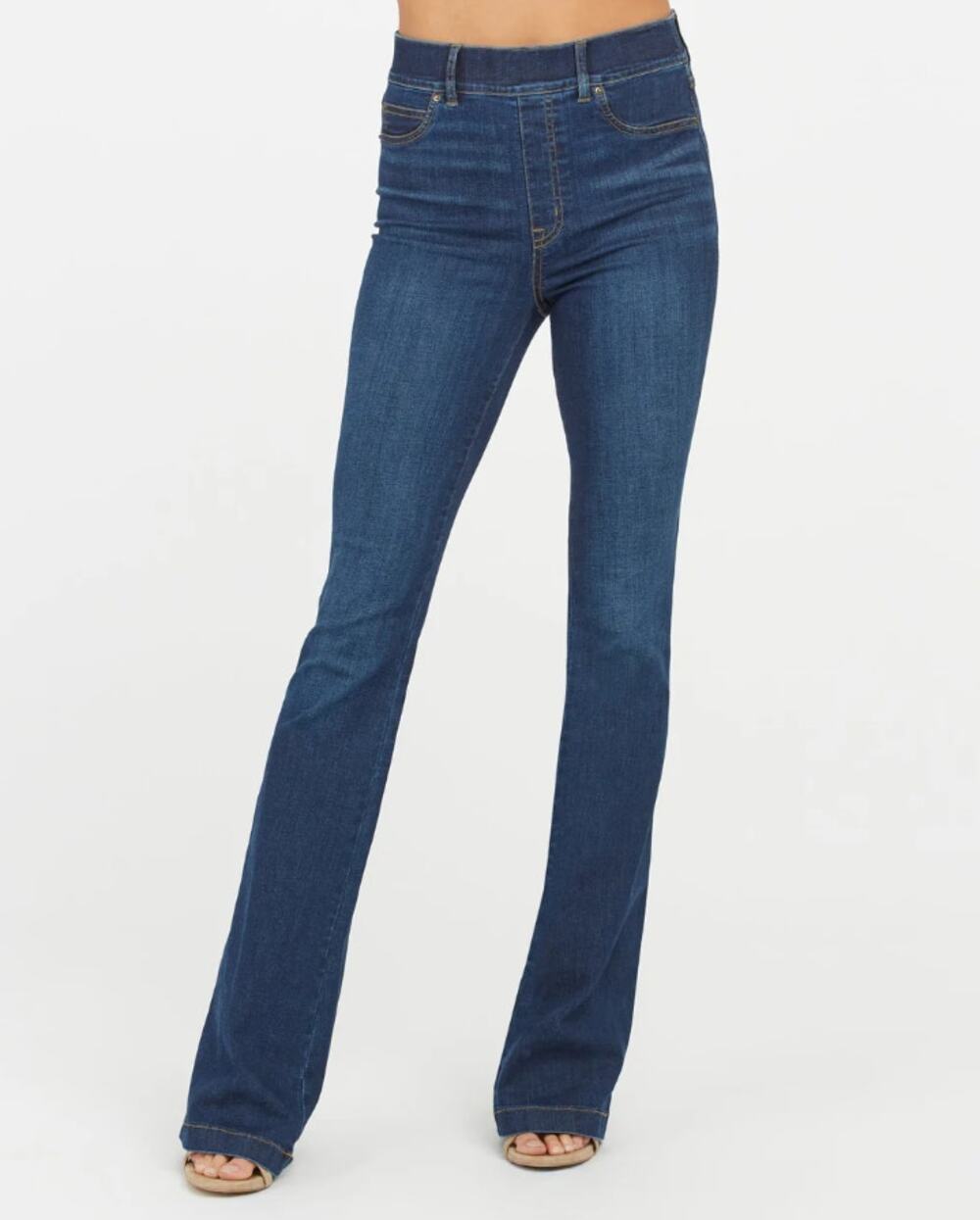 Spanx Flare Jeans High Waist Slim Fit Stretch Midnight Shade Blue Womens Size L